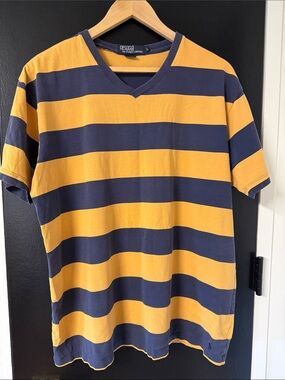 Vintage POLO Ralph Lauren Pullover Shirt Navy Blue & Gold Striped 100% Cotton